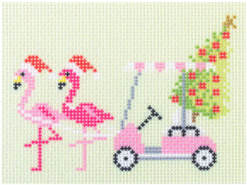 Palm Beach Christmas Golf Cart w/ Flamingos