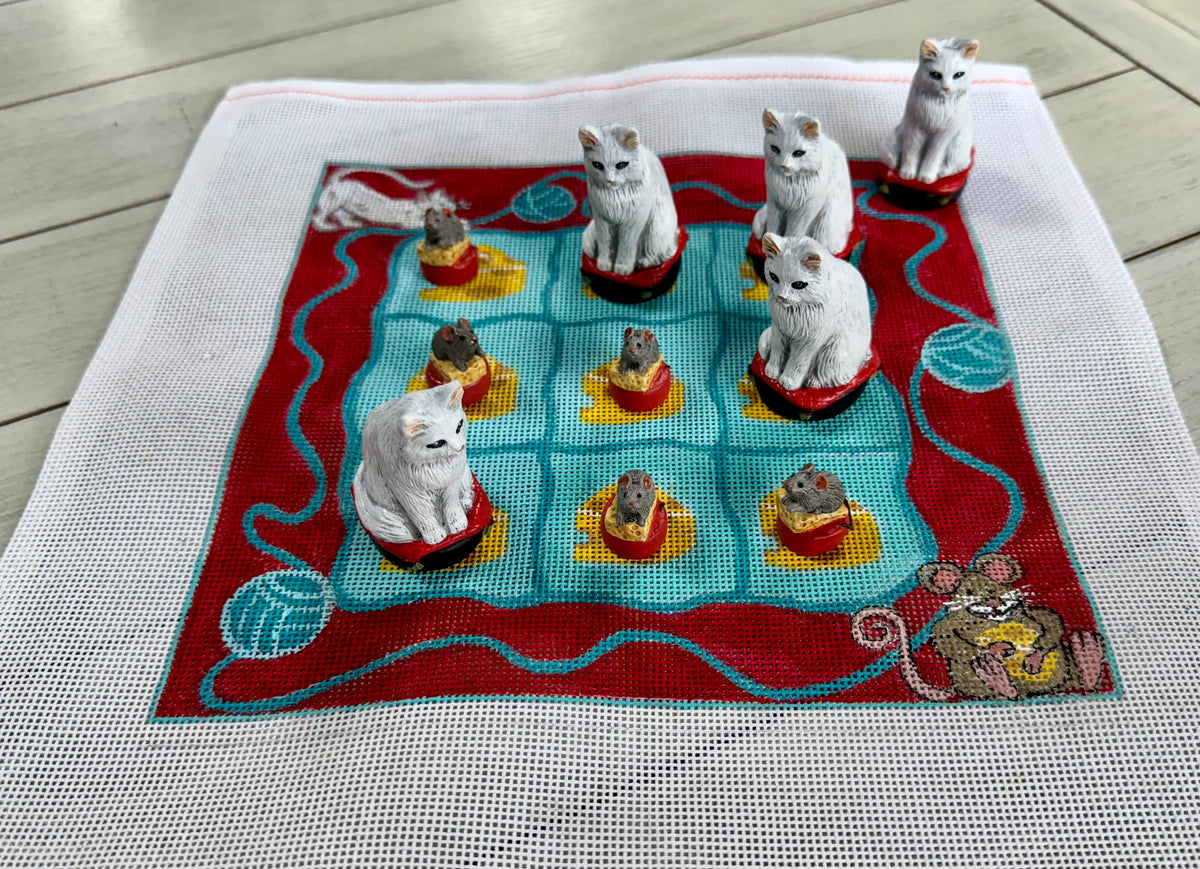 Cat & Mouse Tic Tac Toe Board with Handpainted Pieces