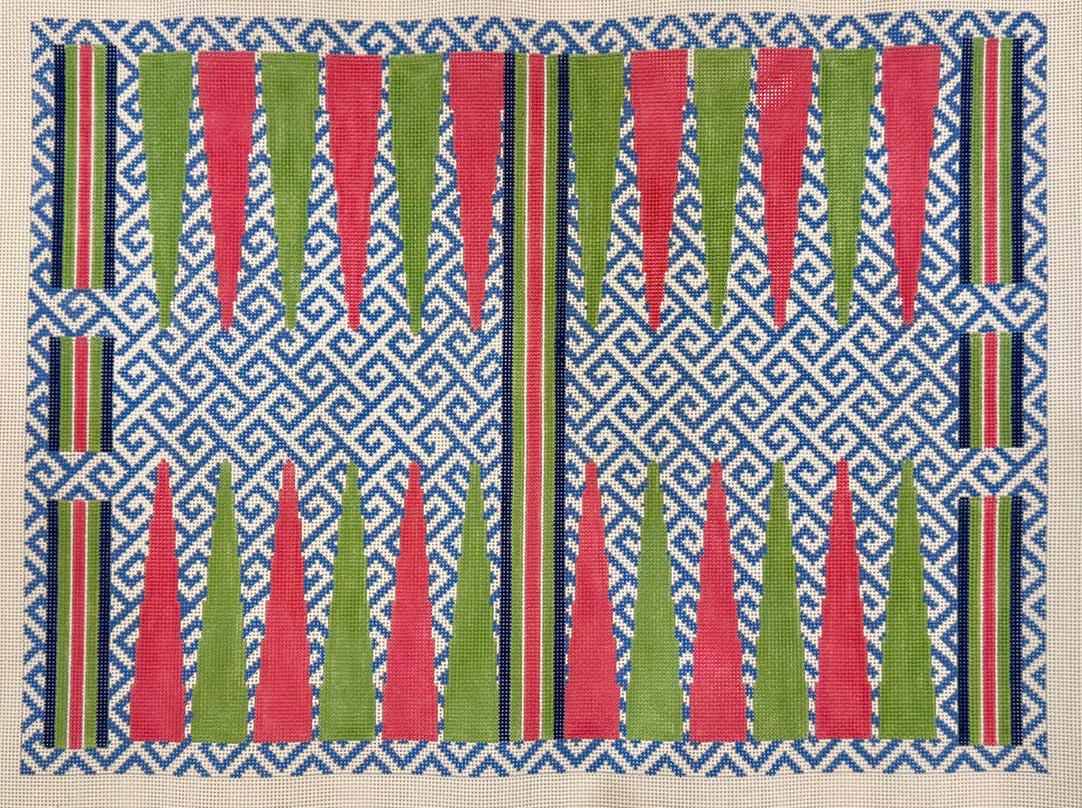 Pink & Green on Medium Blue Greek Key Backgammon Board