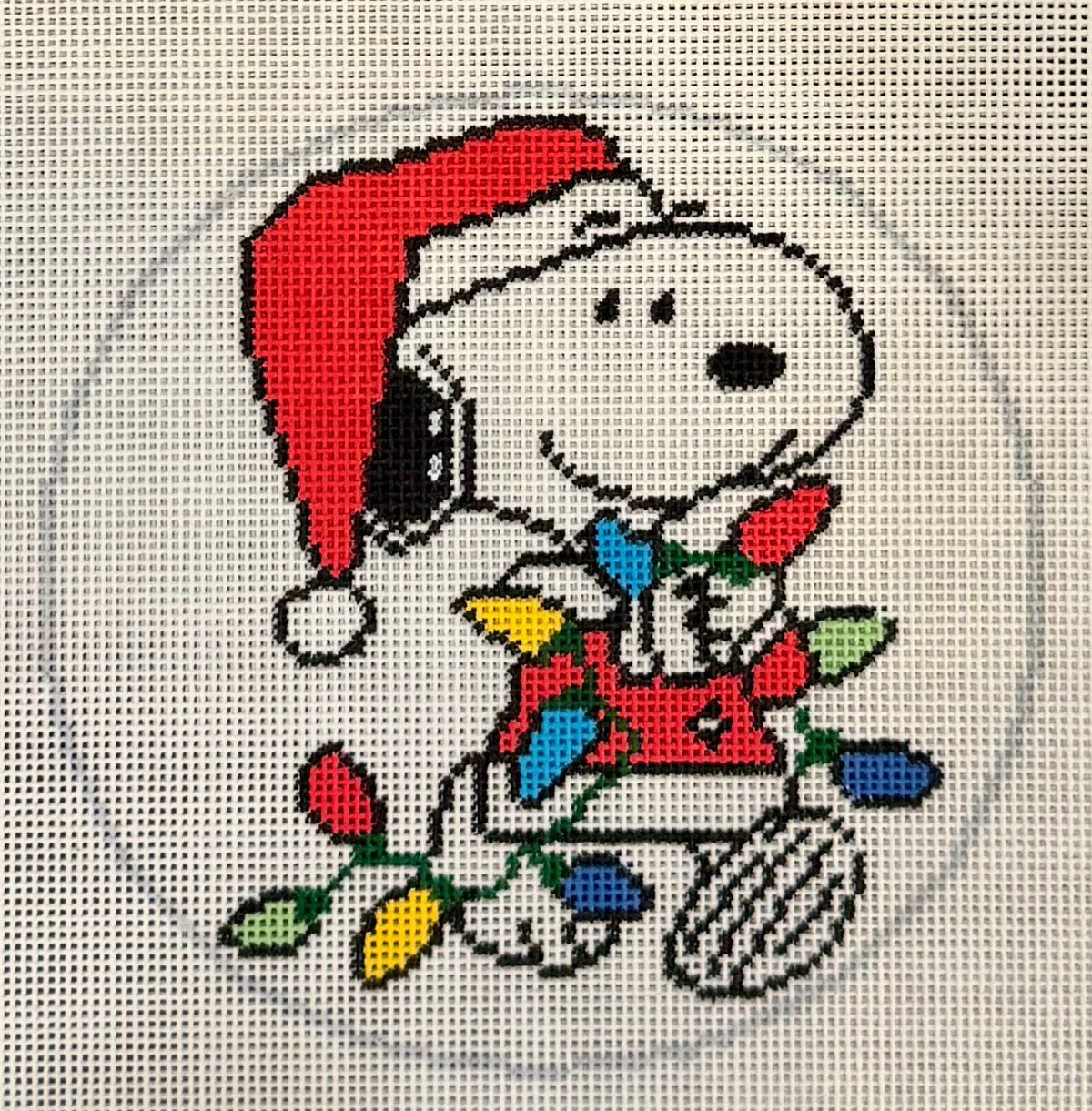 Snoopy in Santa Suit Tangled in Lights