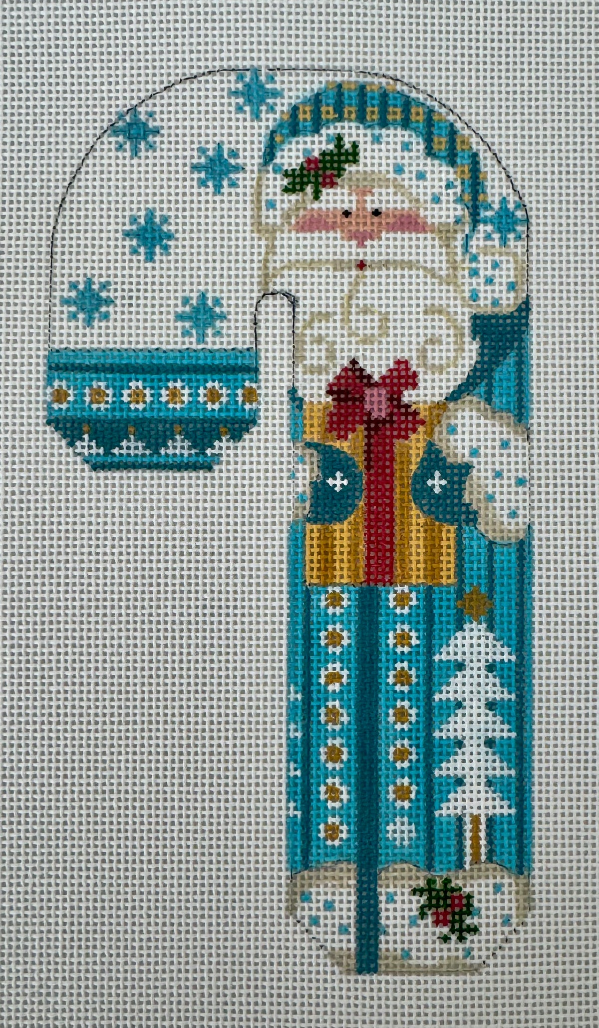 Father Christmas Candy Cane - Blue Holding Present