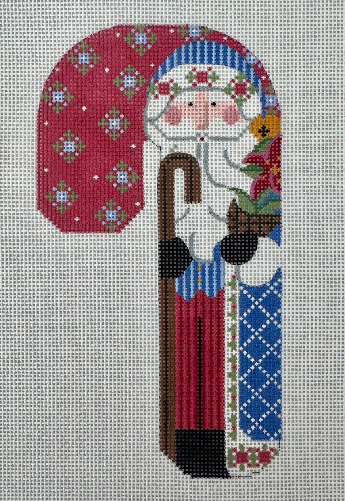 Father Christmas Candy Cane - Blue Holding Staff & Poinsettia