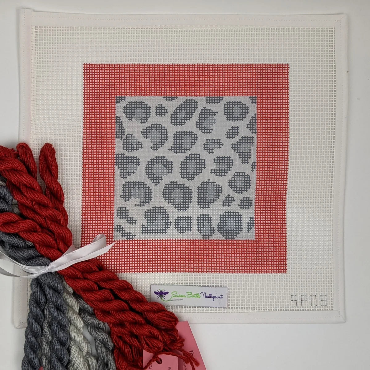 Snow Leopard with Red Border Canvas & Fiber Kit