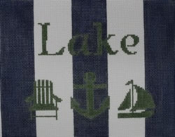Lake with Adirondack chair, anchor, and sailboat - Navy and White