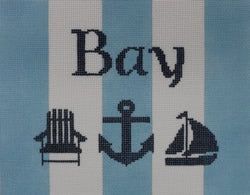 Bay with Adirondack chair, anchor, and sailboat - Blue and White